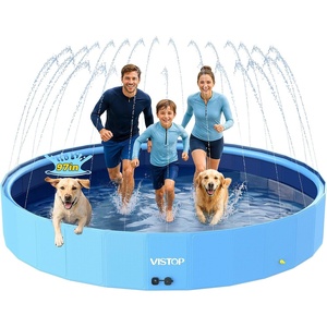 VISTOP 107″ Foldable Dog Pool with Sprinkler, Extra Large Kiddie Pool for Kids & Pets, Non-Slip Hard Shell Collapsible Backyard Splash Pad for Outdoor Summer Water Play(Blue)